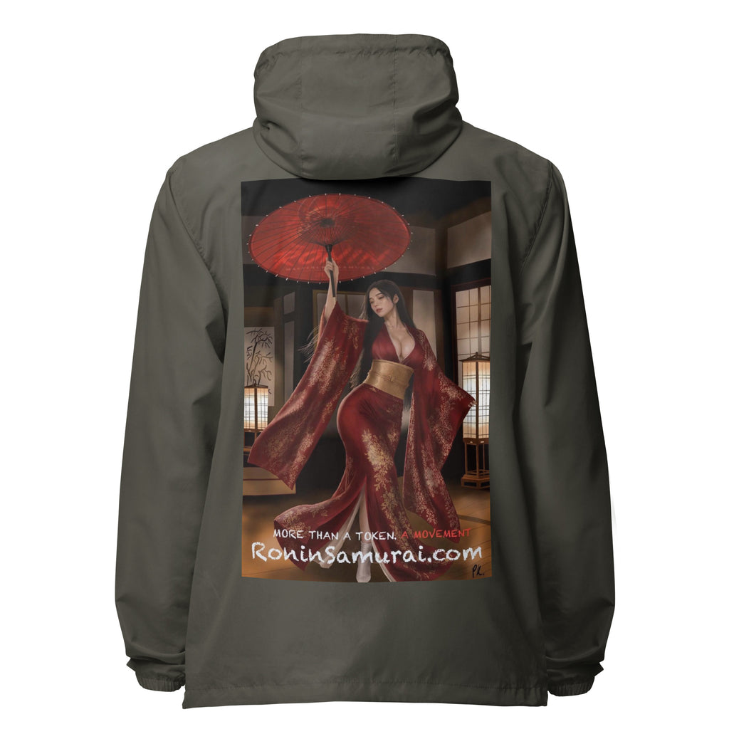 Red Parasol Ronin Windbreaker, graphite back: back print of a woman in a red kimono holding a red parasol in a shoji room