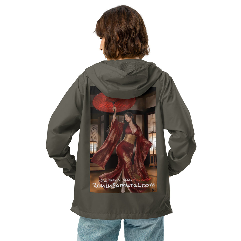 Red Parasol Ronin Windbreaker, graphite back: back print of a woman in a red kimono holding a red parasol in a shoji room