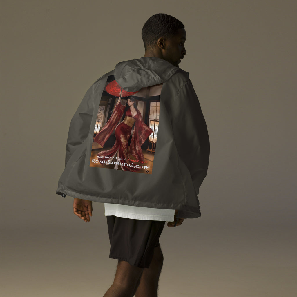 Red Parasol Ronin Windbreaker, graphite back: back print of a woman in a red kimono holding a red parasol in a shoji room