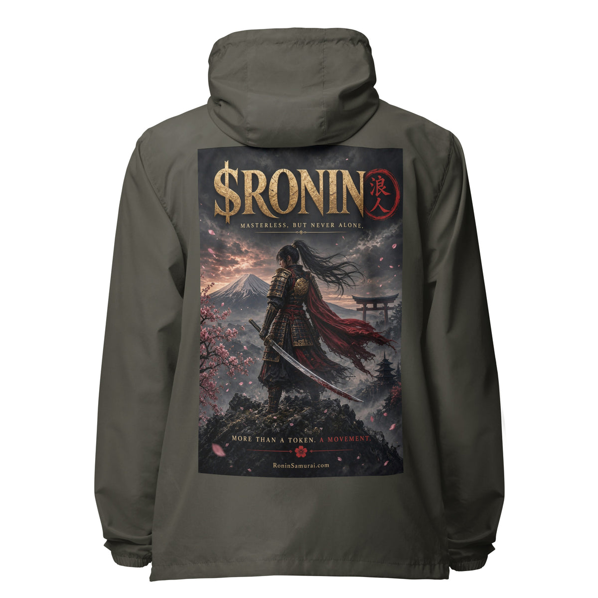 Torii Ridge Ronin Windbreaker, graphite back: back print of a caped female samurai on a ridge facing Fuji and a torii under gold $RONIN