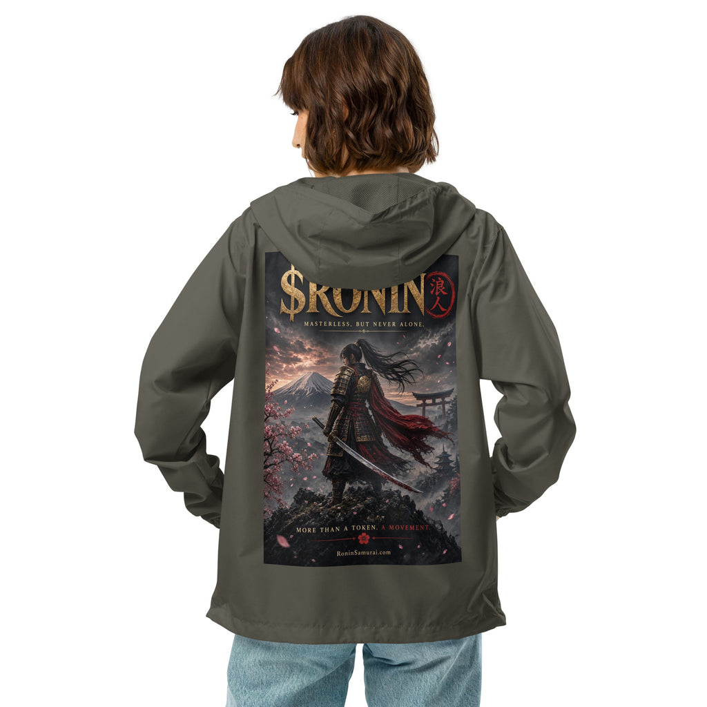 Torii Ridge Ronin Windbreaker, graphite back: back print of a caped female samurai on a ridge facing Fuji and a torii under gold $RONIN