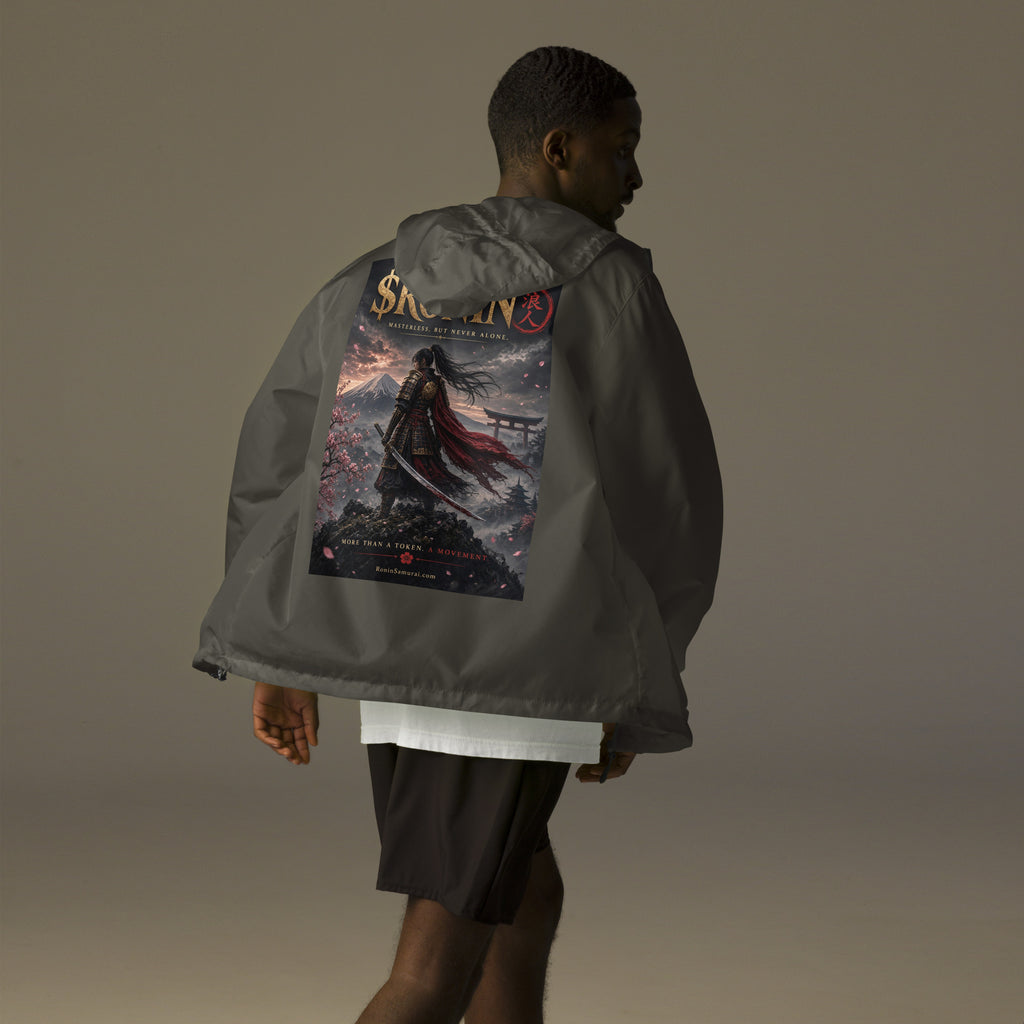 Torii Ridge Ronin Windbreaker, graphite back: back print of a caped female samurai on a ridge facing Fuji and a torii under gold $RONIN