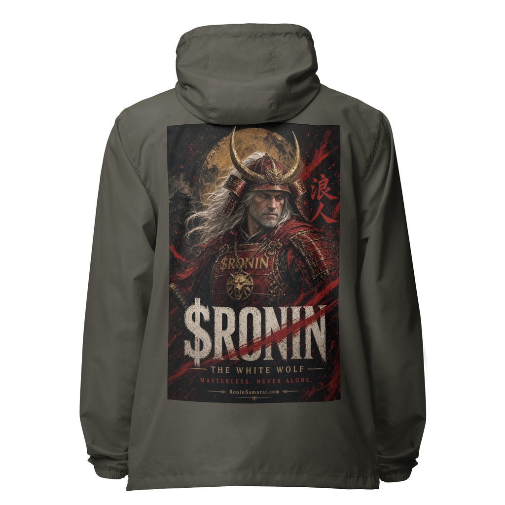 Silver-Haired Ronin Windbreaker, graphite back: back print of a silver-haired, scarred warrior in crimson armor and gold-horned kabuto under a bold $RONIN title
