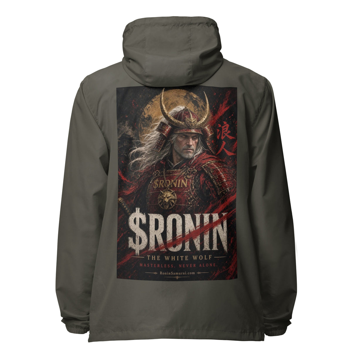 Silver-Haired Ronin Windbreaker, graphite back: back print of a silver-haired, scarred warrior in crimson armor and gold-horned kabuto under a bold $RONIN title