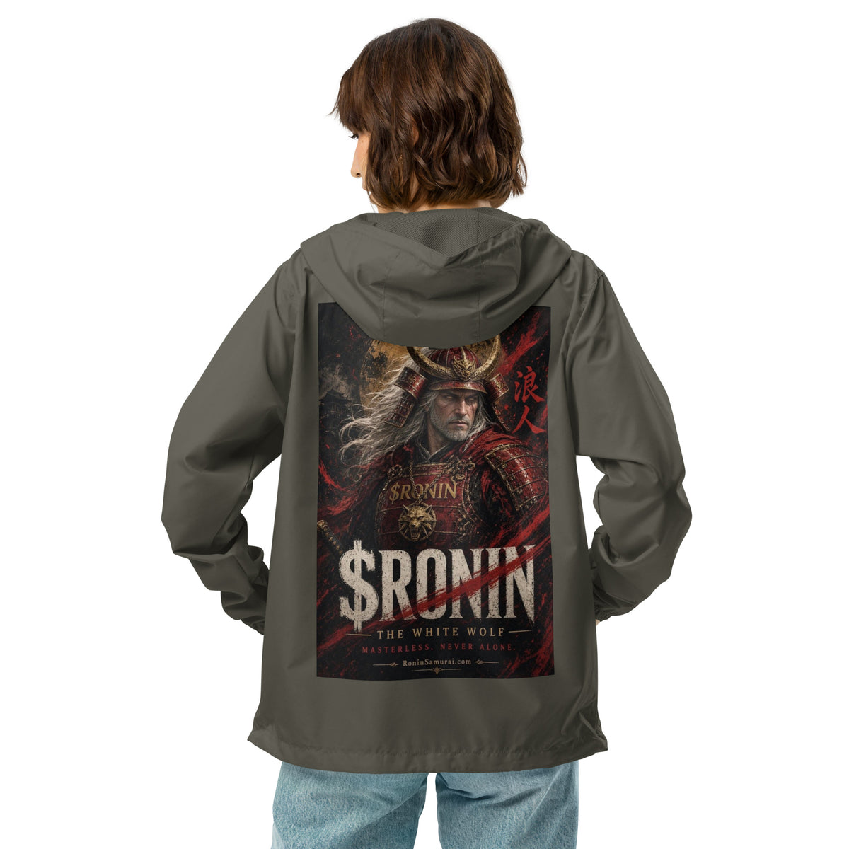 Silver-Haired Ronin Windbreaker, graphite back: back print of a silver-haired, scarred warrior in crimson armor and gold-horned kabuto under a bold $RONIN title