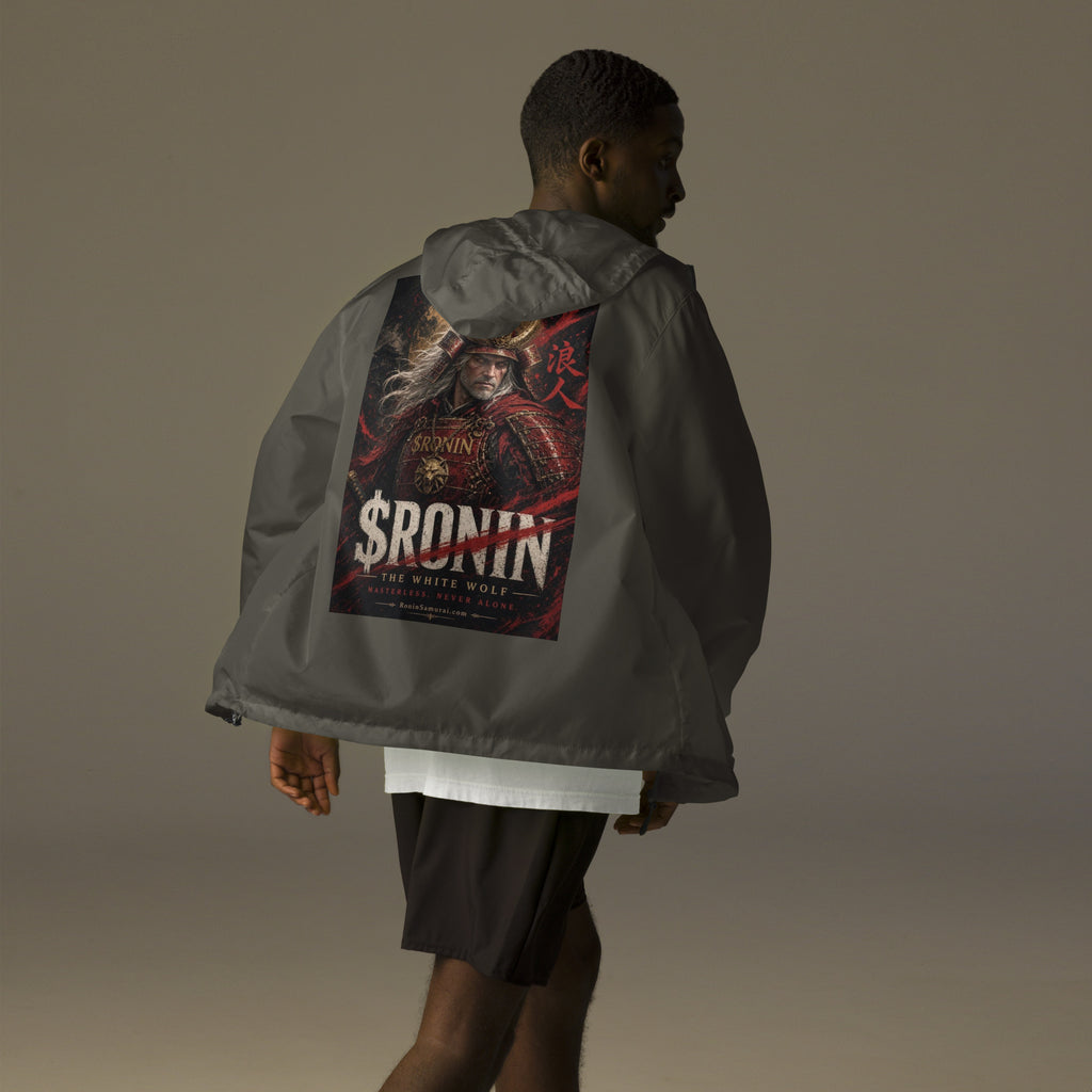 Silver-Haired Ronin Windbreaker, graphite back: back print of a silver-haired, scarred warrior in crimson armor and gold-horned kabuto under a bold $RONIN title