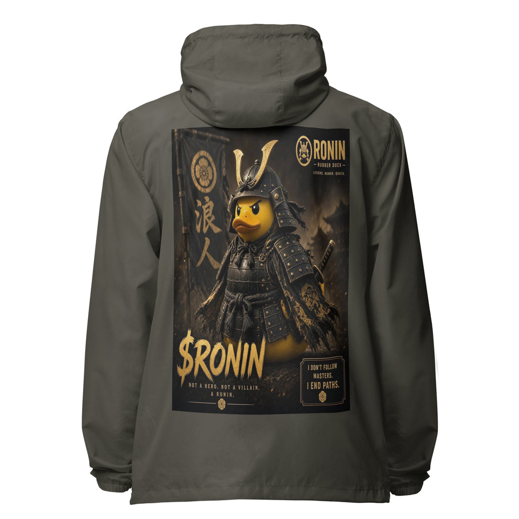 Samurai Rubber Duck Windbreaker, graphite back: back print of a yellow rubber duck in black-and-gold samurai armor, gold $RONIN