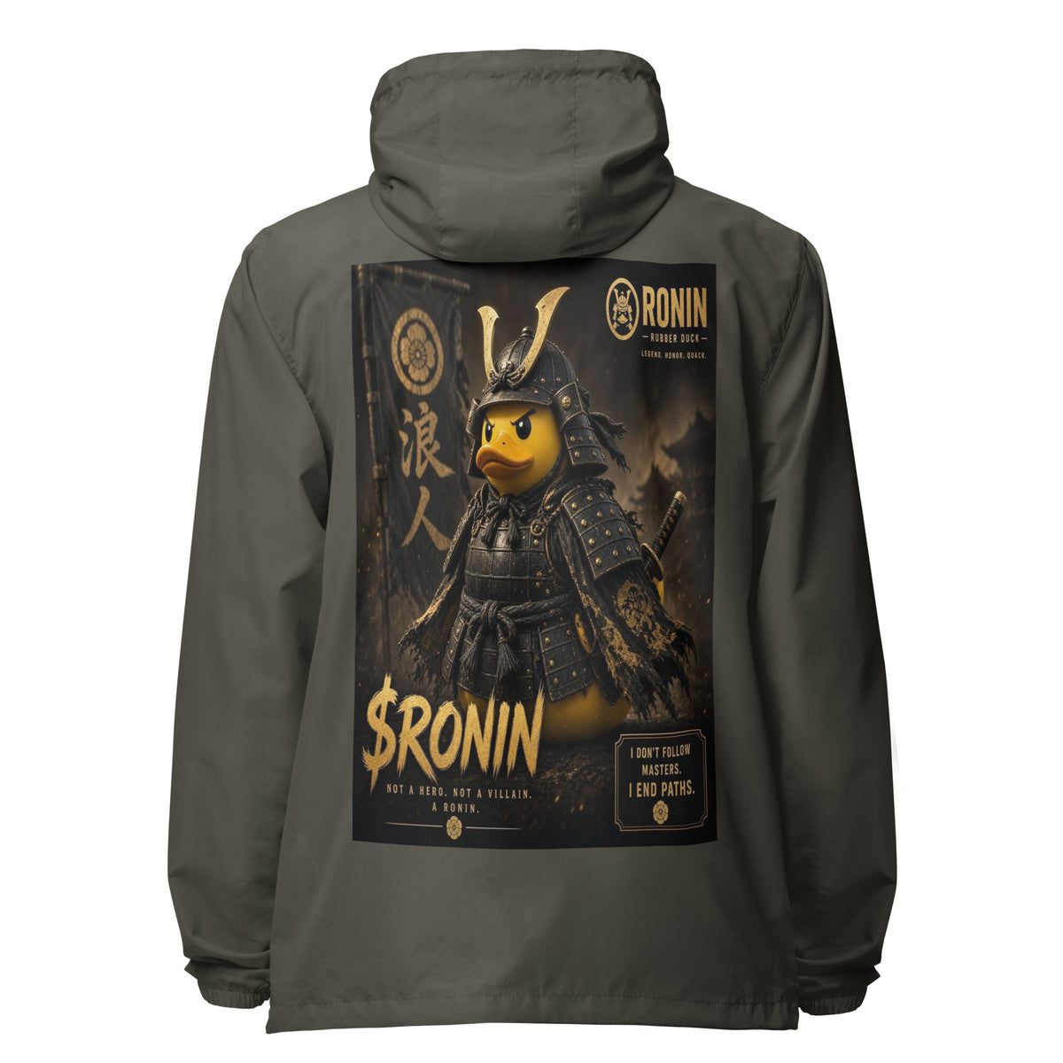 Samurai Rubber Duck Windbreaker, graphite back: back print of a yellow rubber duck in black-and-gold samurai armor, gold $RONIN