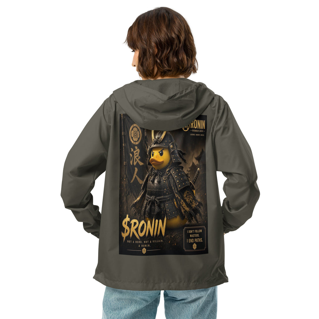 Samurai Rubber Duck Windbreaker, graphite back: back print of a yellow rubber duck in black-and-gold samurai armor, gold $RONIN