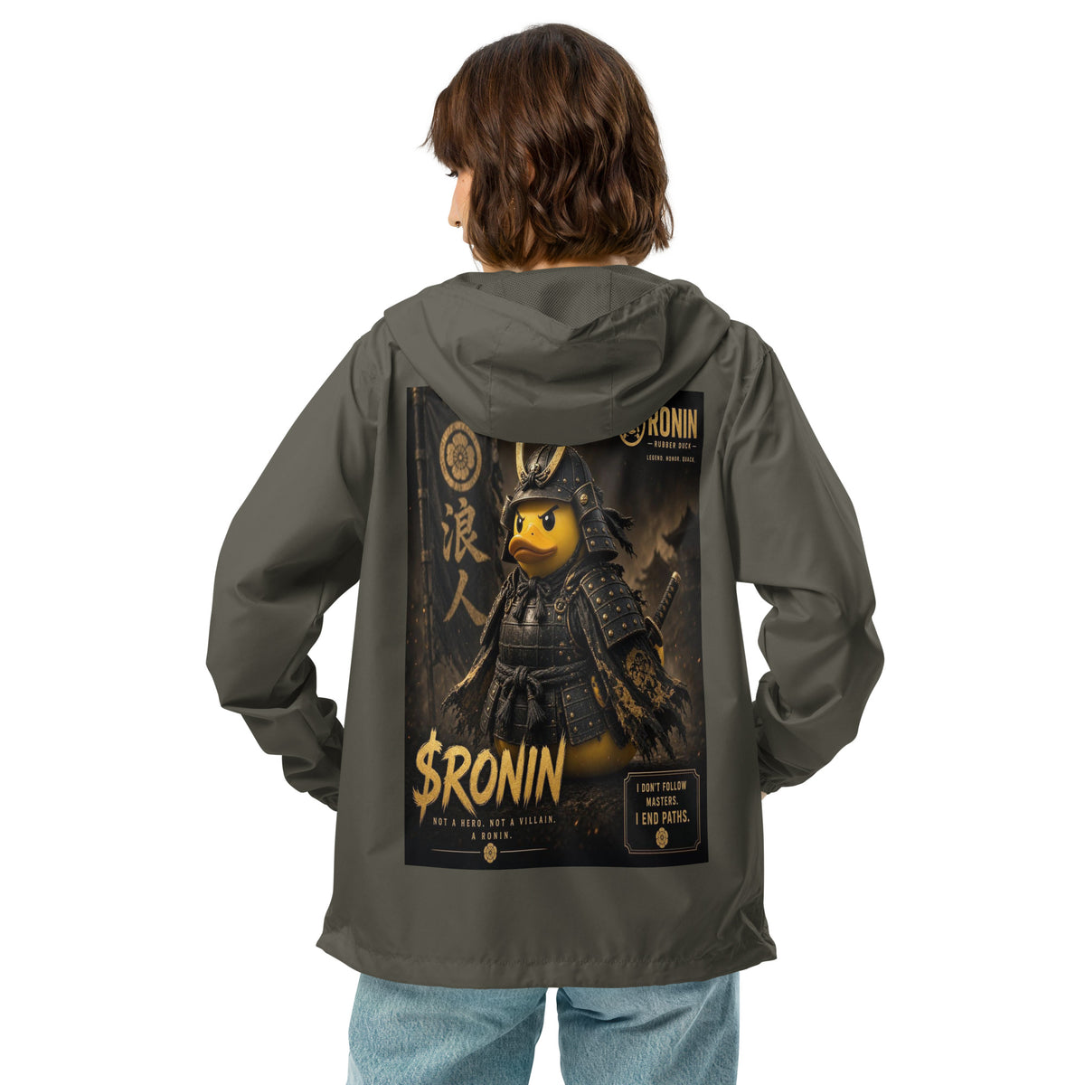 Samurai Rubber Duck Windbreaker, graphite back: back print of a yellow rubber duck in black-and-gold samurai armor, gold $RONIN