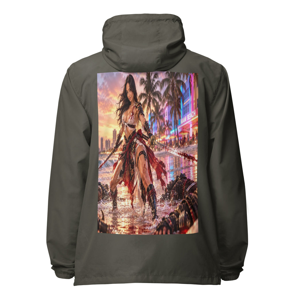 Miami Beach Ronin Windbreaker, graphite back: back print of a dual-katana warrior in the surf before a neon Miami Beach skyline