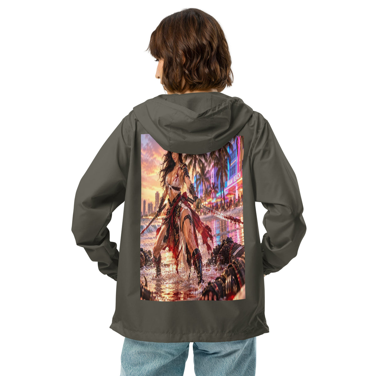 Miami Beach Ronin Windbreaker, graphite back: back print of a dual-katana warrior in the surf before a neon Miami Beach skyline