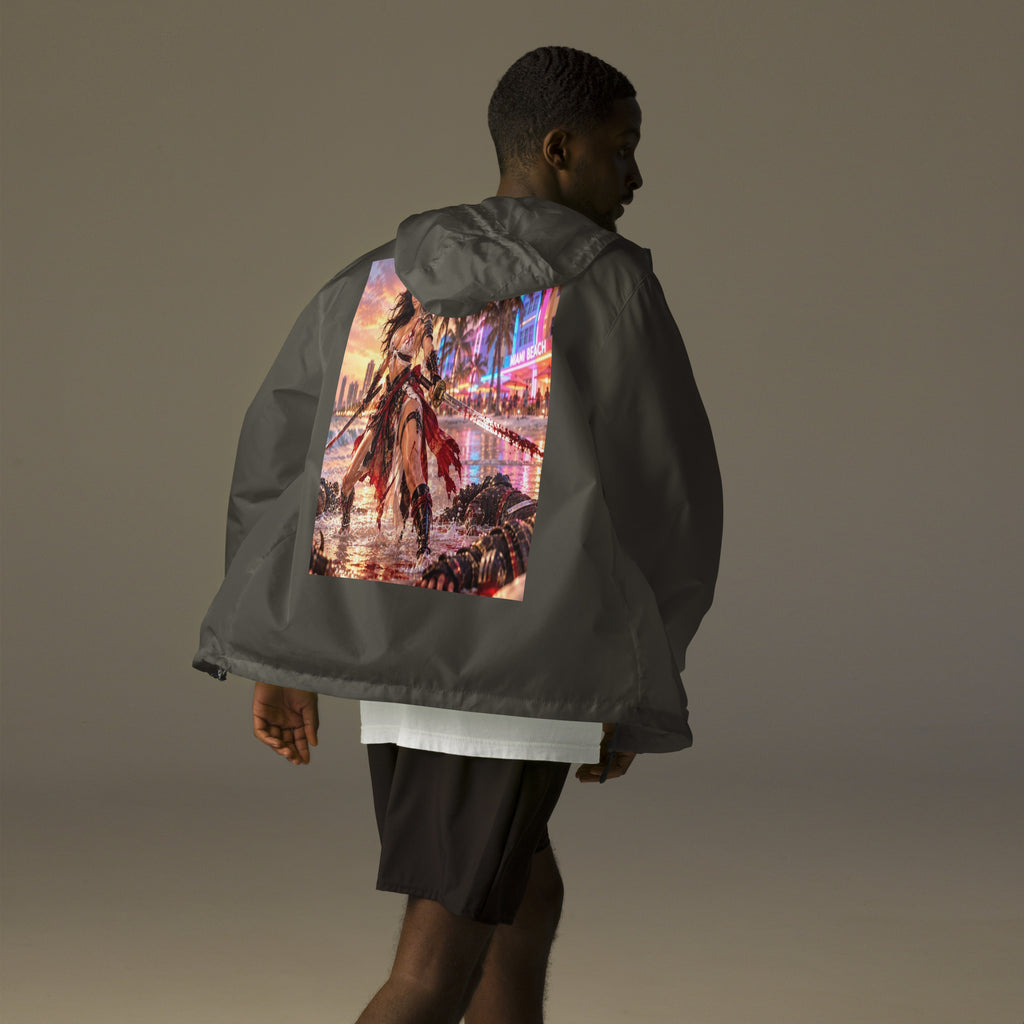 Miami Beach Ronin Windbreaker, graphite back: back print of a dual-katana warrior in the surf before a neon Miami Beach skyline
