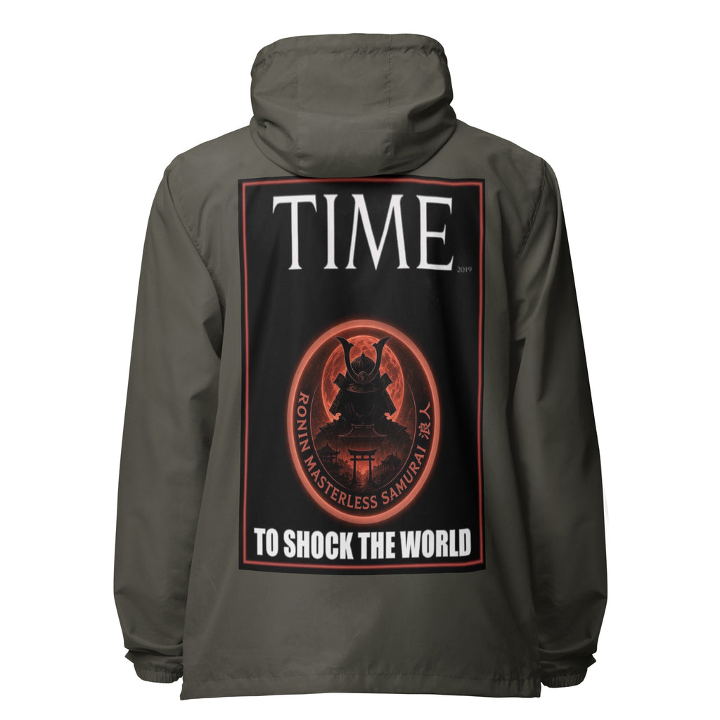 Ronin Cover Story Windbreaker, graphite back: back print of a red-framed cover-style poster with the round RONIN samurai seal and TO SHOCK THE WORLD