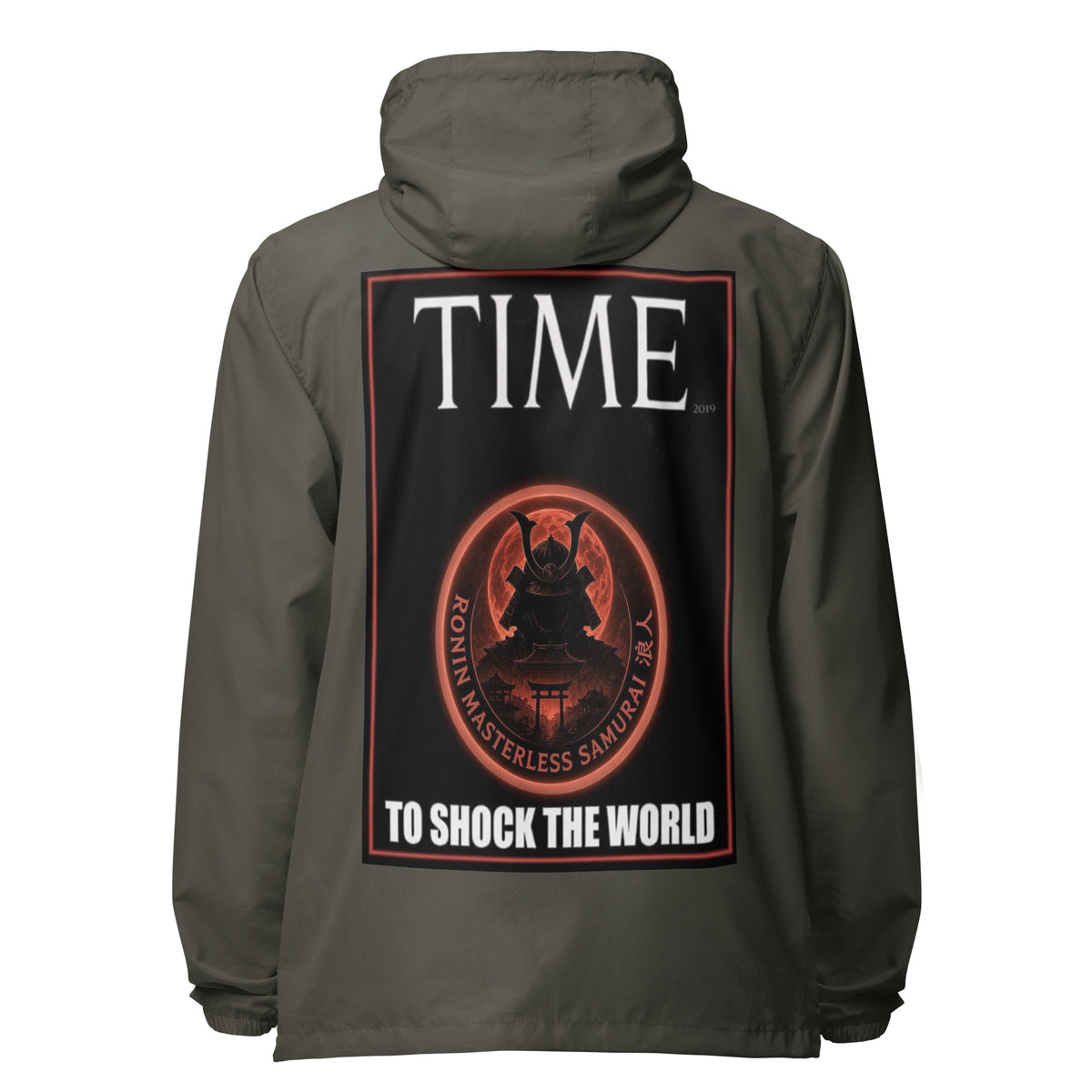 Ronin Cover Story Windbreaker, graphite back: back print of a red-framed cover-style poster with the round RONIN samurai seal and TO SHOCK THE WORLD