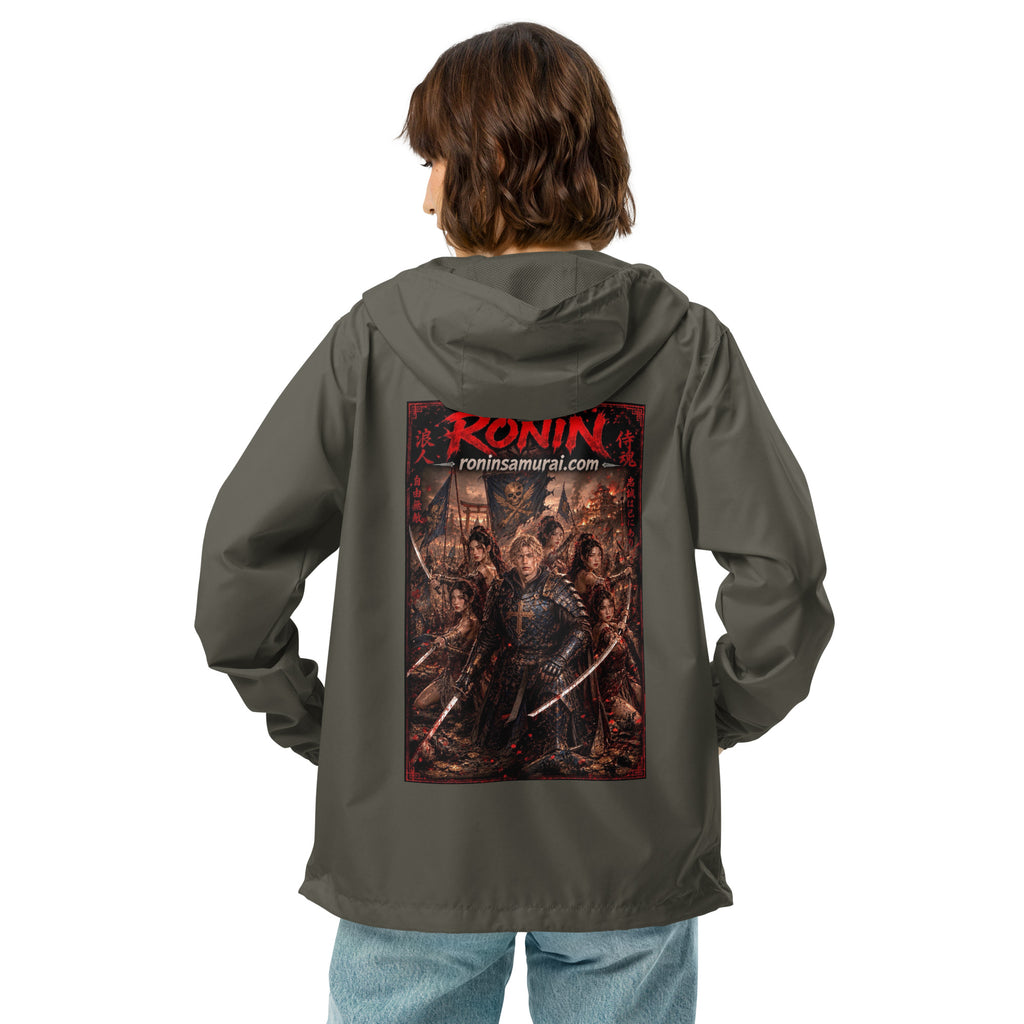 Ronin Warband Windbreaker, graphite back: back print of an armored warband on a burning battlefield under a red RONIN title
