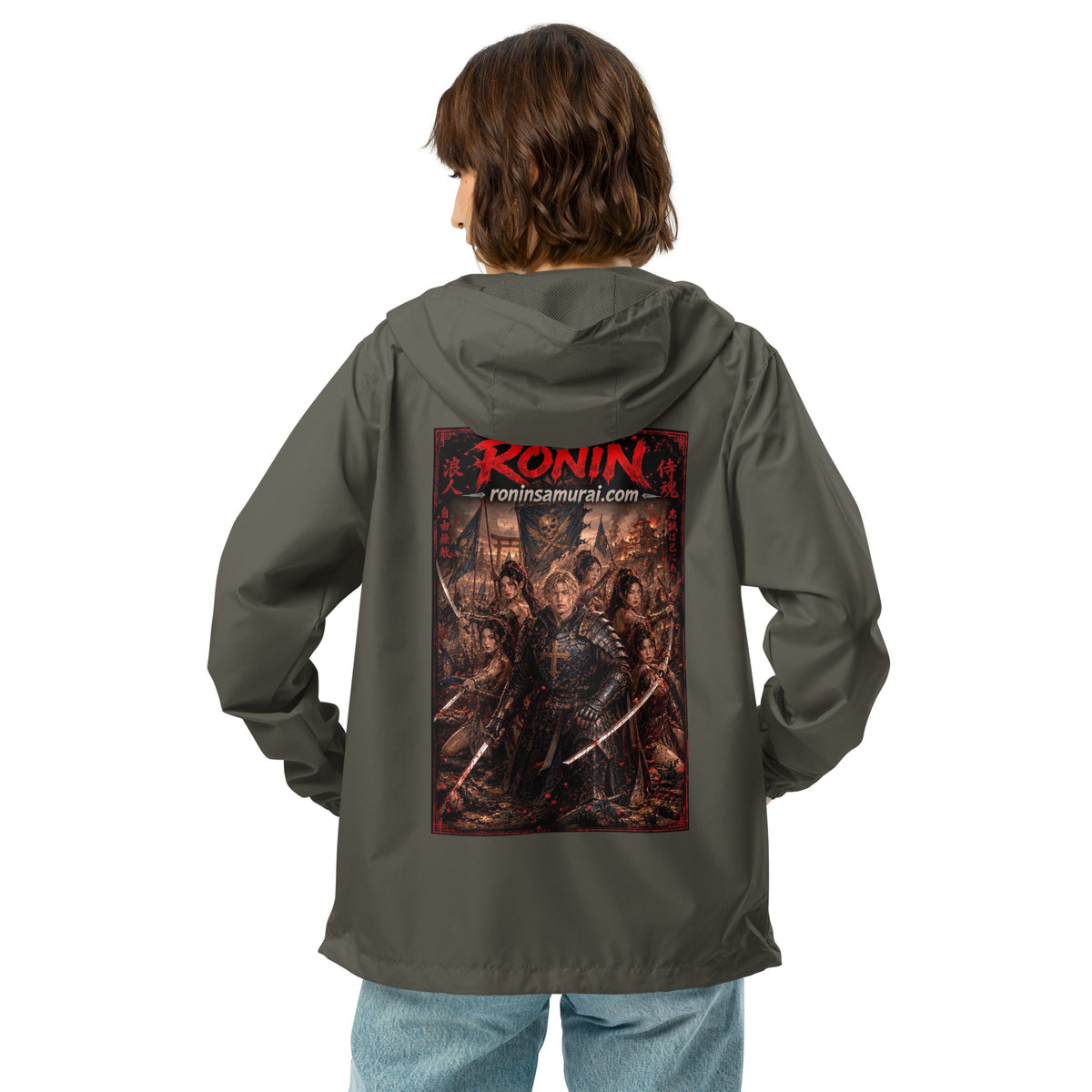 Ronin Warband Windbreaker, graphite back: back print of an armored warband on a burning battlefield under a red RONIN title