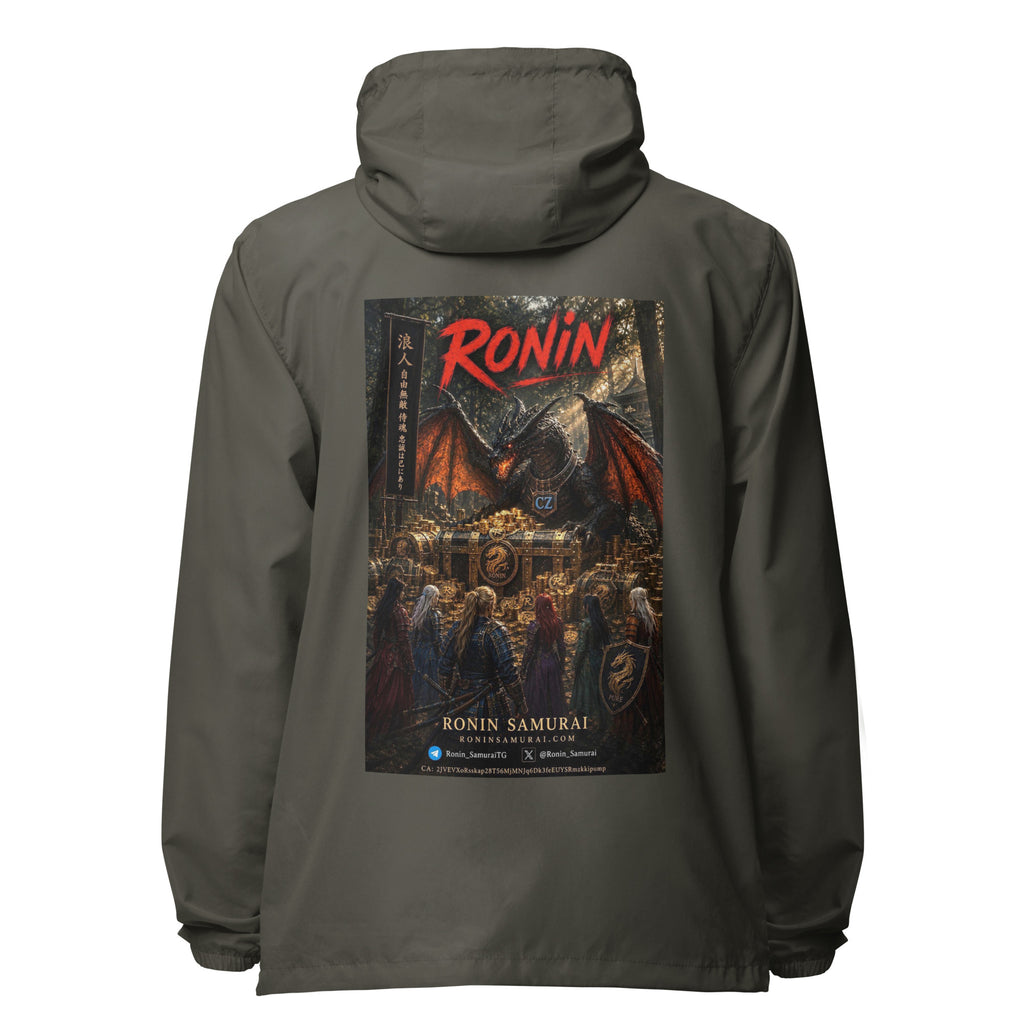 Golden Dragon Ronin Windbreaker, graphite back: back print of a dark dragon on a golden hoard facing armored warriors, red RONIN