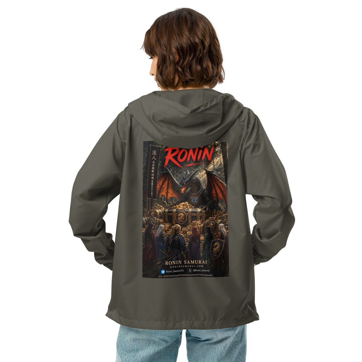 Golden Dragon Ronin Windbreaker, graphite back: back print of a dark dragon on a golden hoard facing armored warriors, red RONIN