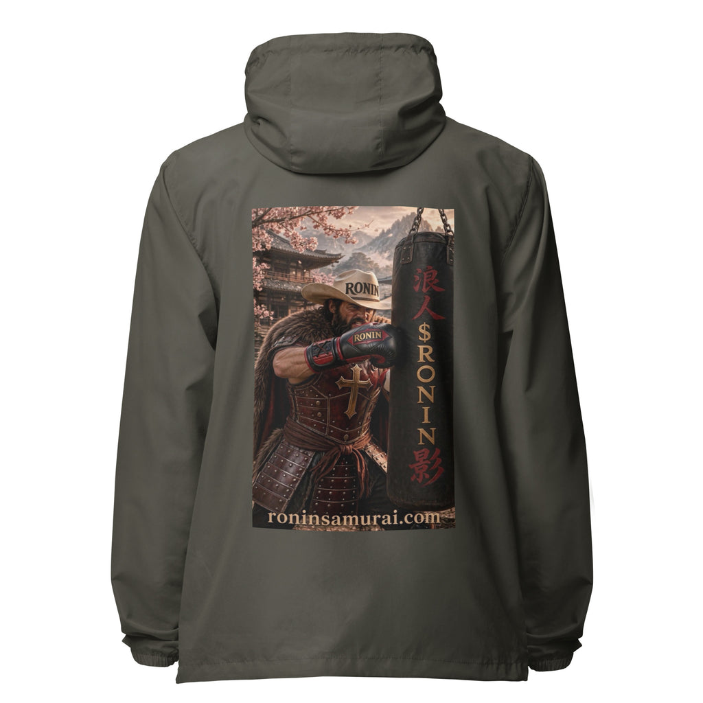 Heavy Bag Ronin Windbreaker, graphite back: back print of a cowboy-hat samurai boxer punching a heavy bag lettered 浪人 $RONIN