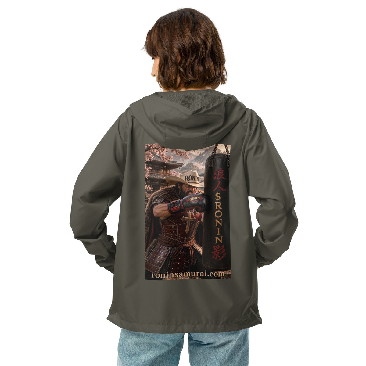 Heavy Bag Ronin Windbreaker, graphite back: back print of a cowboy-hat samurai boxer punching a heavy bag lettered 浪人 $RONIN