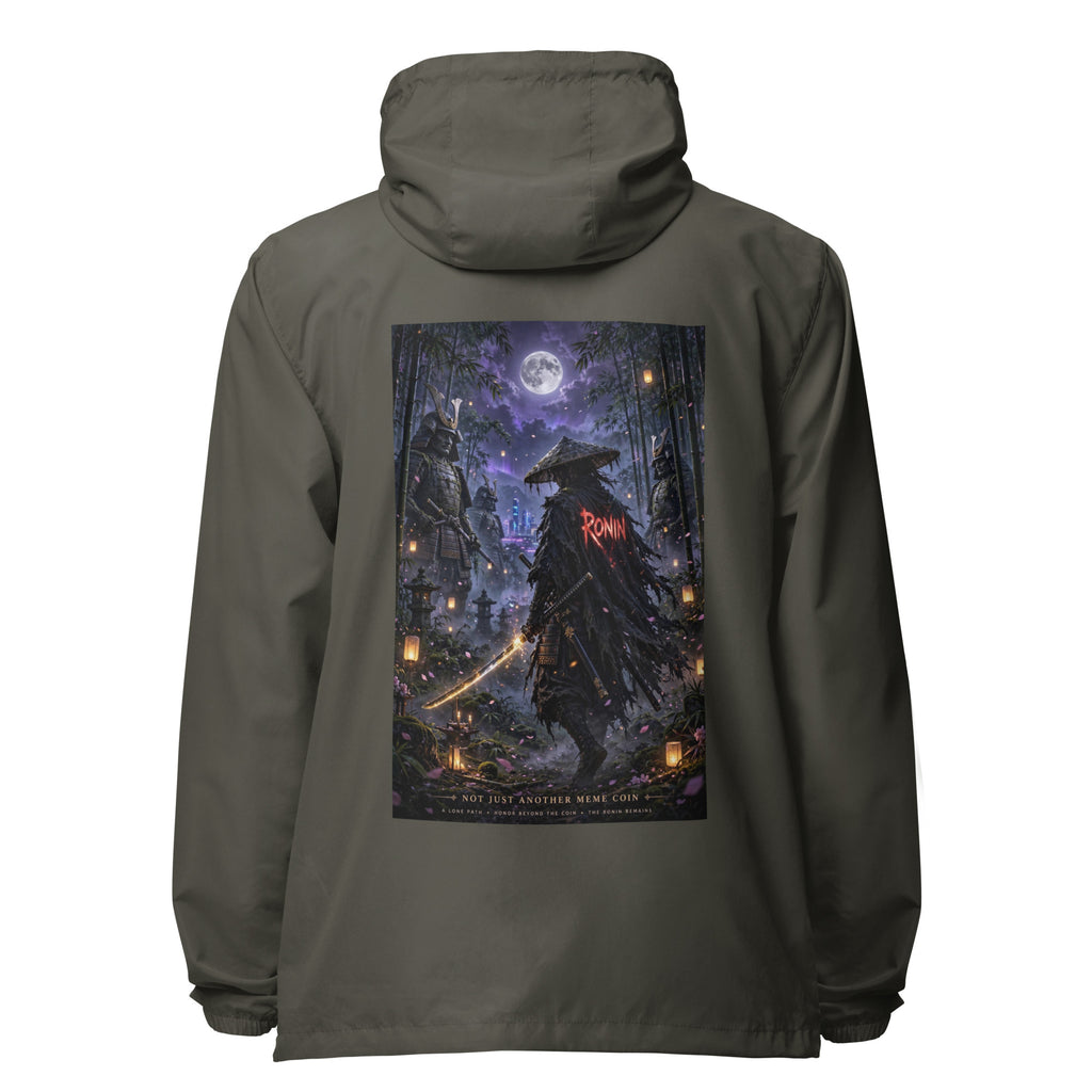 Bamboo Moon Ronin Windbreaker, graphite back: back print of a straw-hat ronin with a glowing katana in a moonlit lantern bamboo grove