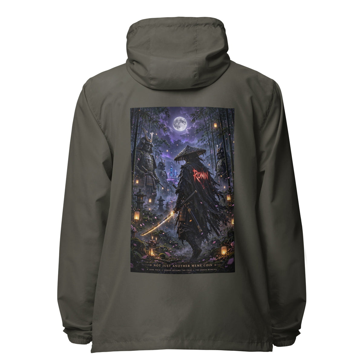 Bamboo Moon Ronin Windbreaker, graphite back: back print of a straw-hat ronin with a glowing katana in a moonlit lantern bamboo grove