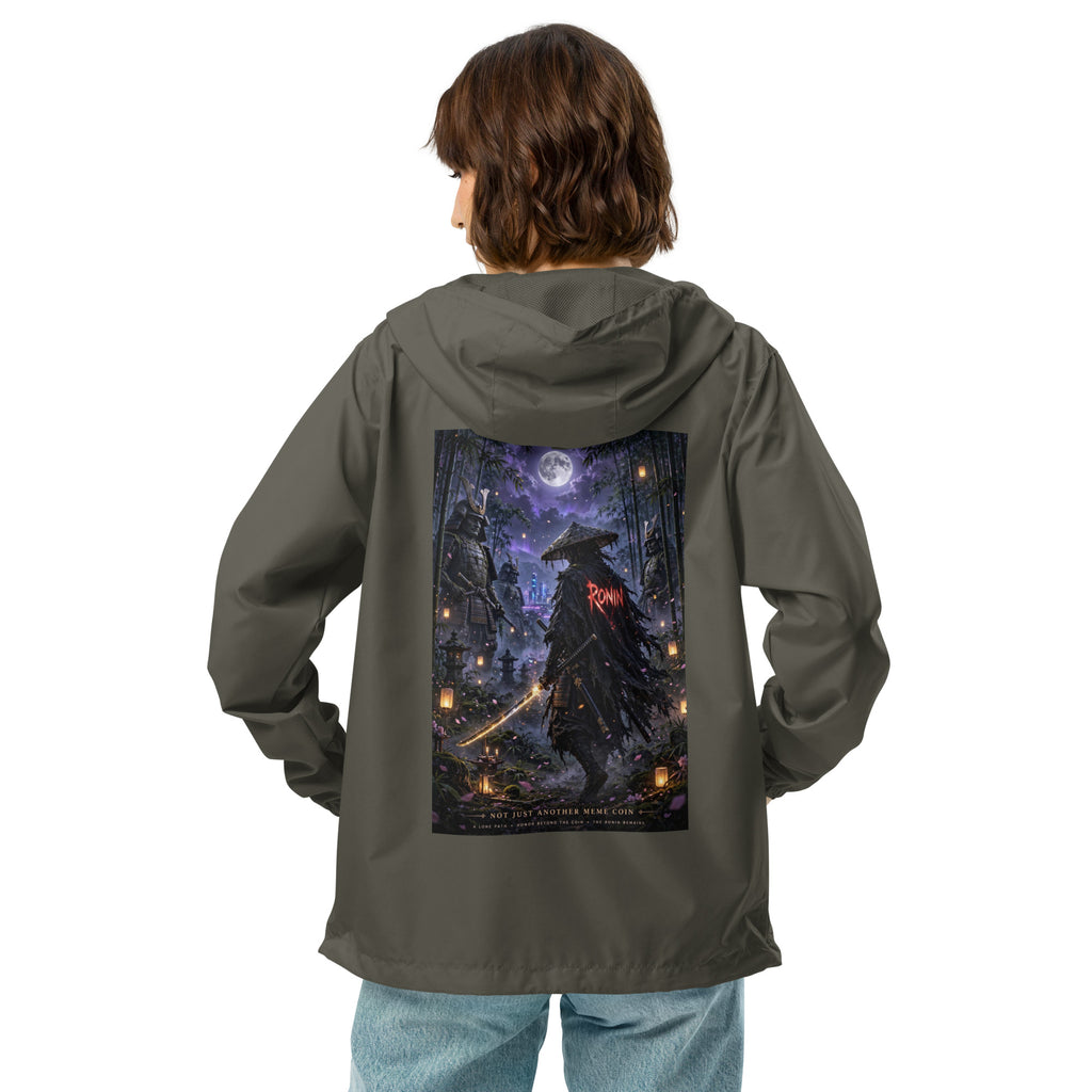Bamboo Moon Ronin Windbreaker, graphite back: back print of a straw-hat ronin with a glowing katana in a moonlit lantern bamboo grove