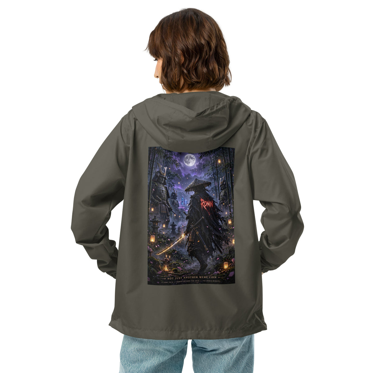 Bamboo Moon Ronin Windbreaker, graphite back: back print of a straw-hat ronin with a glowing katana in a moonlit lantern bamboo grove