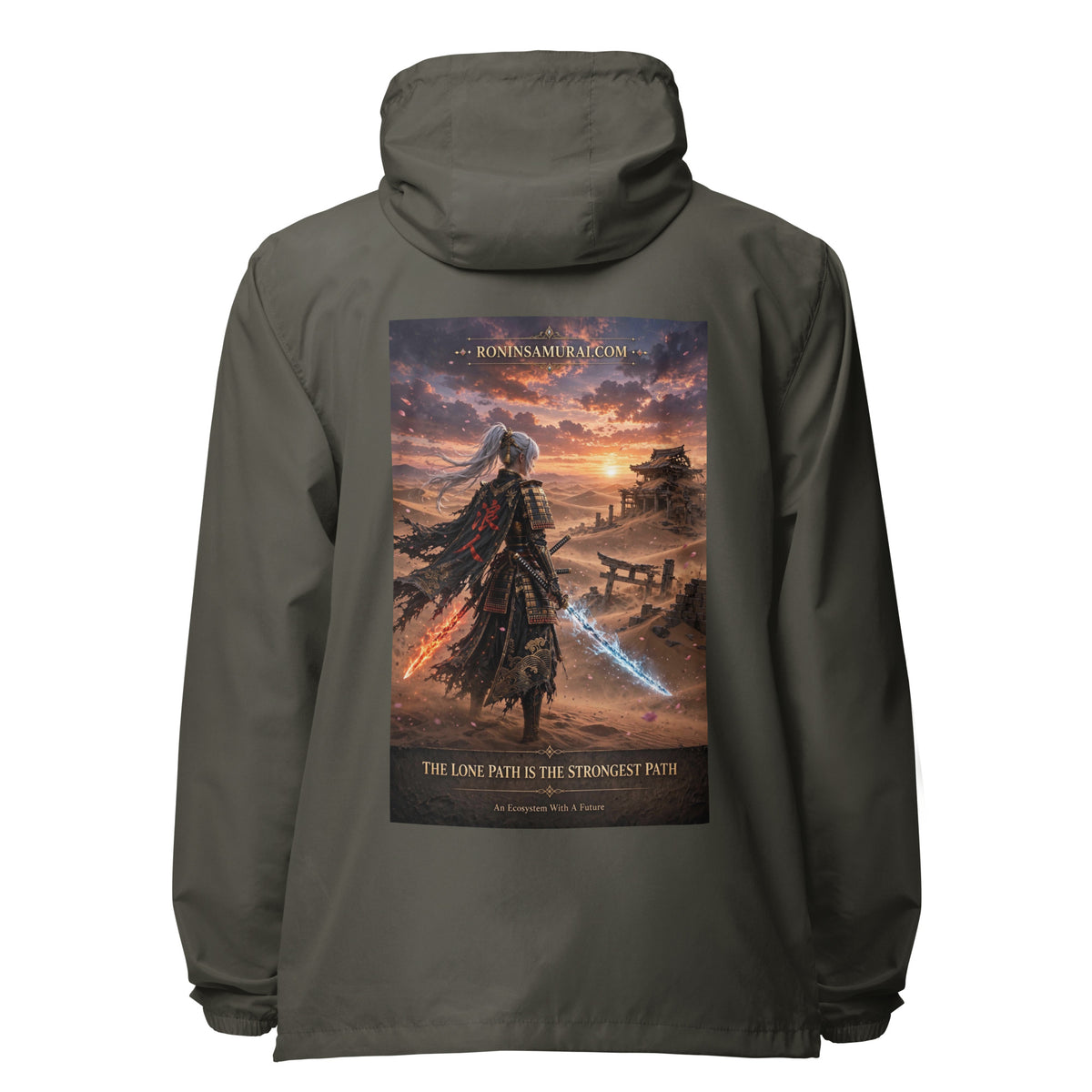 Lone Path Ronin Windbreaker, graphite back: back print of a white-haired samurai with fire and ice blades in a sunset desert