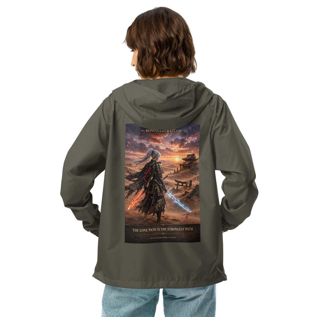 Lone Path Ronin Windbreaker, graphite back: back print of a white-haired samurai with fire and ice blades in a sunset desert