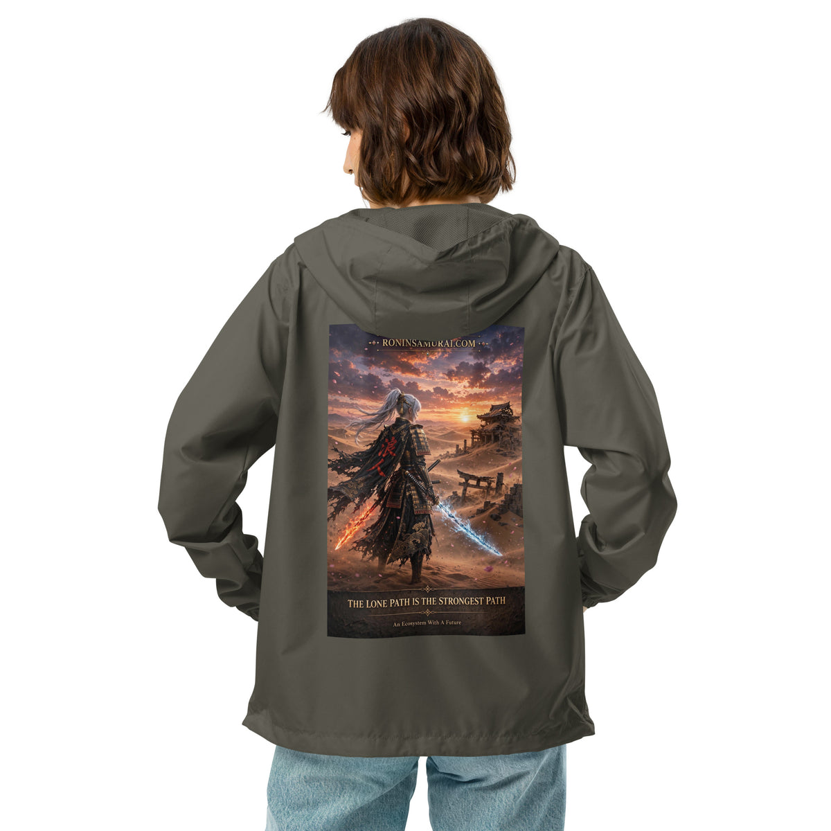 Lone Path Ronin Windbreaker, graphite back: back print of a white-haired samurai with fire and ice blades in a sunset desert