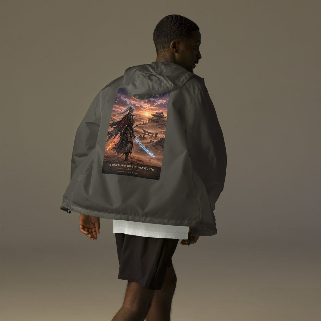 Lone Path Ronin Windbreaker, graphite back: back print of a white-haired samurai with fire and ice blades in a sunset desert