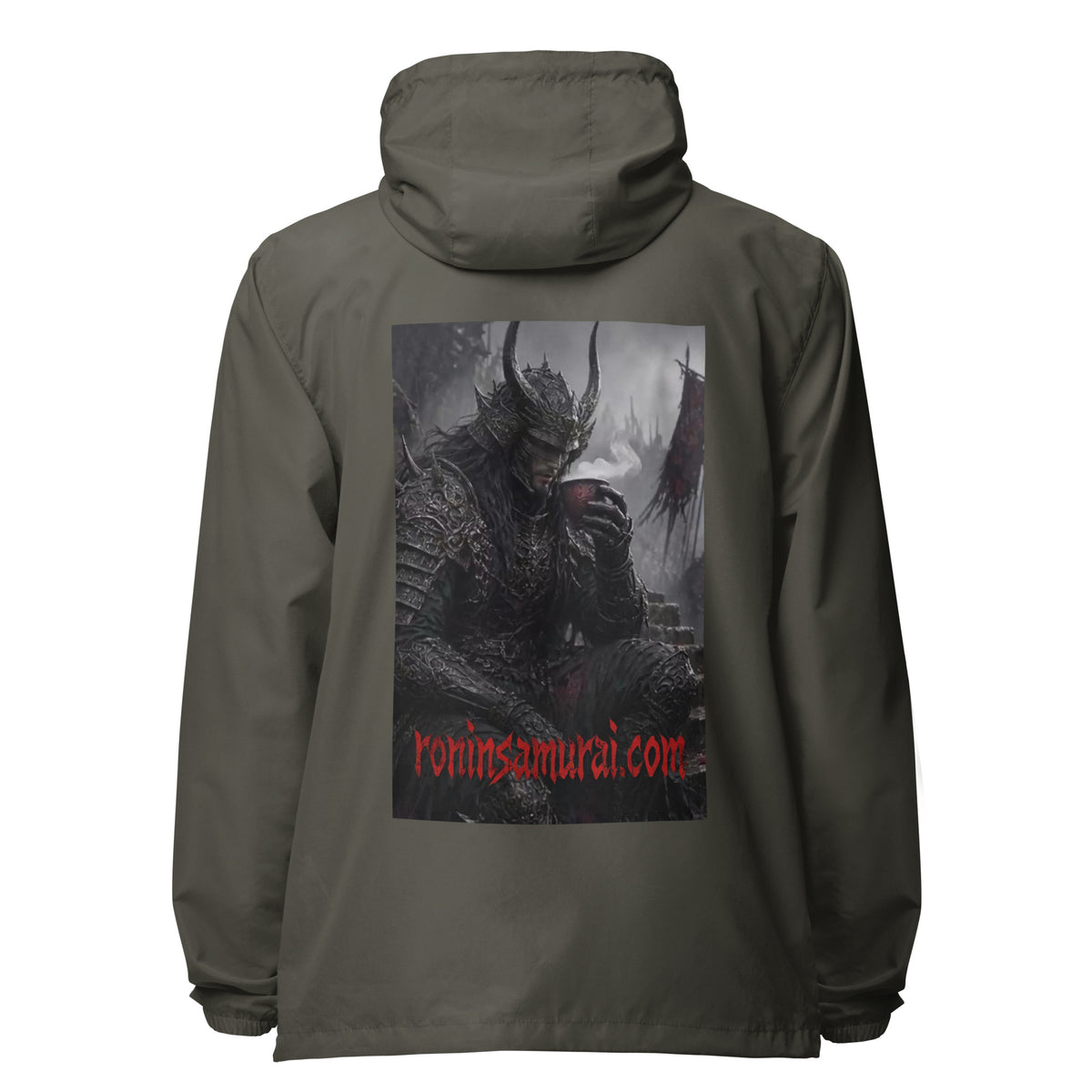 Warlord's Brew Windbreaker, graphite back: back print of a dark horned armored warlord sipping a steaming cup