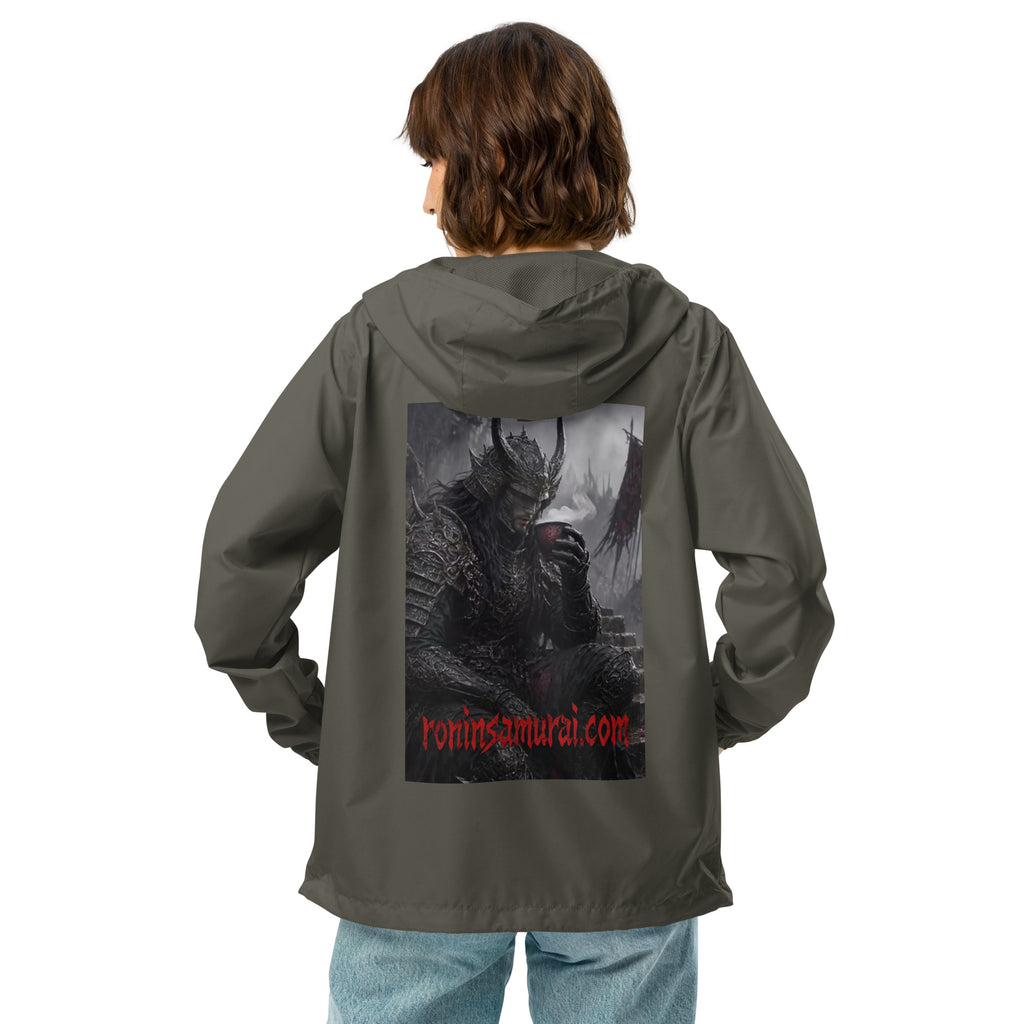 Warlord's Brew Windbreaker, graphite back: back print of a dark horned armored warlord sipping a steaming cup
