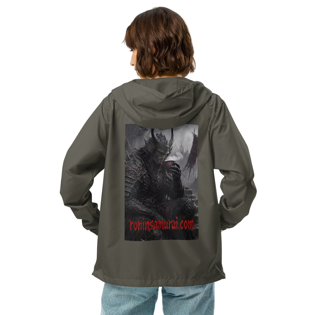 Warlord's Brew Windbreaker, graphite back: back print of a dark horned armored warlord sipping a steaming cup