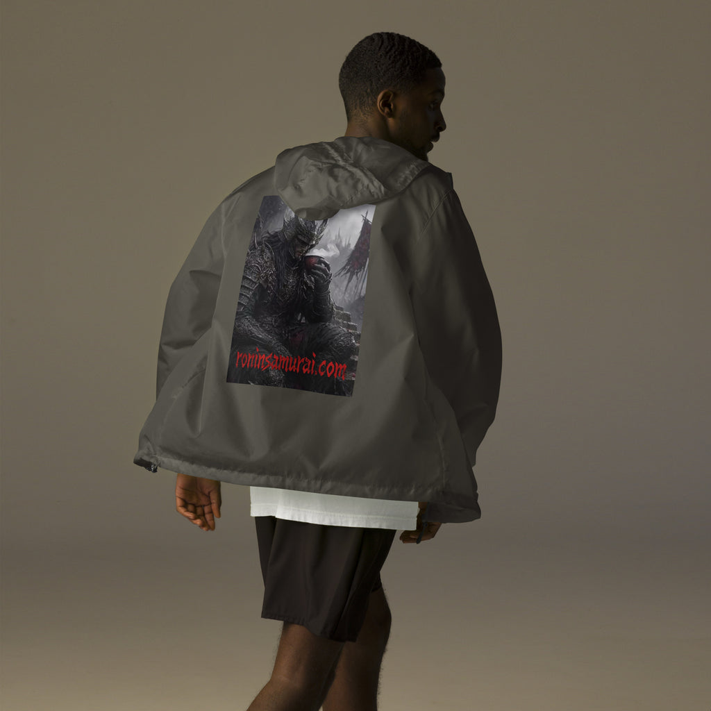 Warlord's Brew Windbreaker, graphite back: back print of a dark horned armored warlord sipping a steaming cup