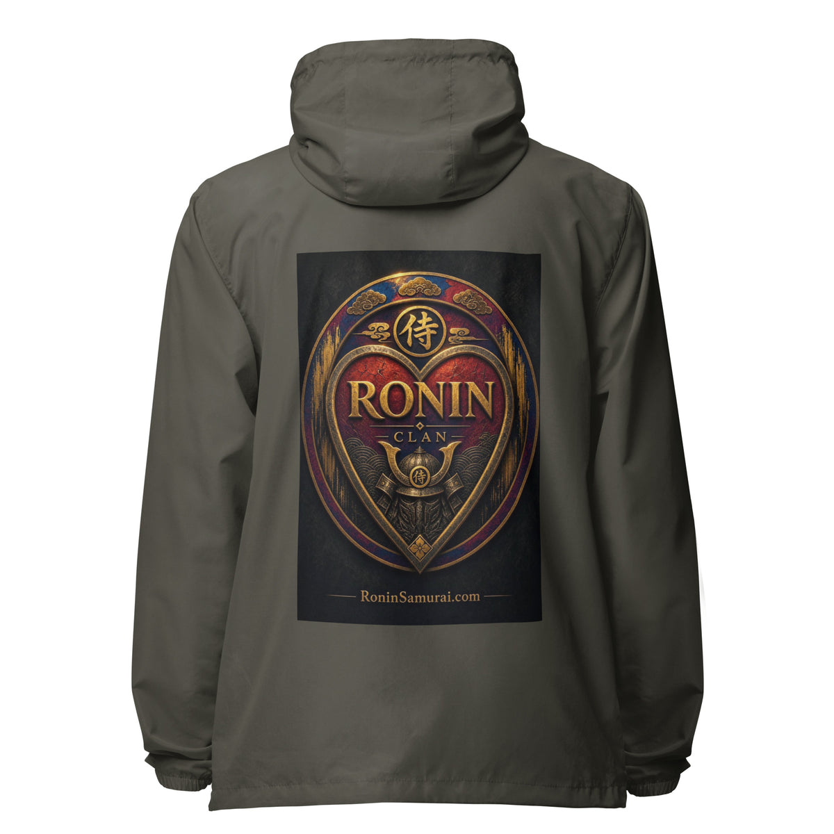 Royal Crest Ronin Clan Windbreaker, graphite back: gilded red-and-gold heart shield with the 侍 seal, RONIN CLAN and kabuto emblem