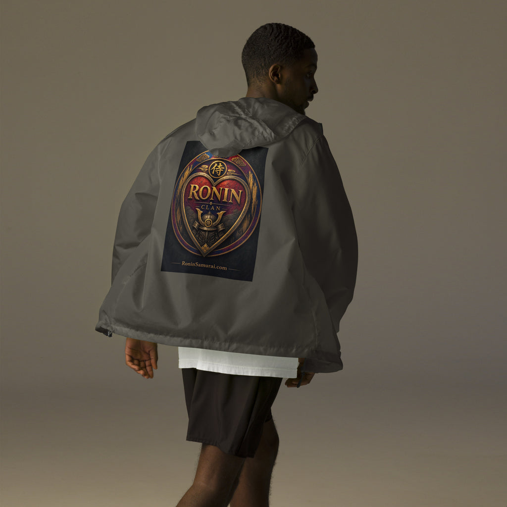 Royal Crest Ronin Clan Windbreaker, graphite back: gilded red-and-gold heart shield with the 侍 seal, RONIN CLAN and kabuto emblem