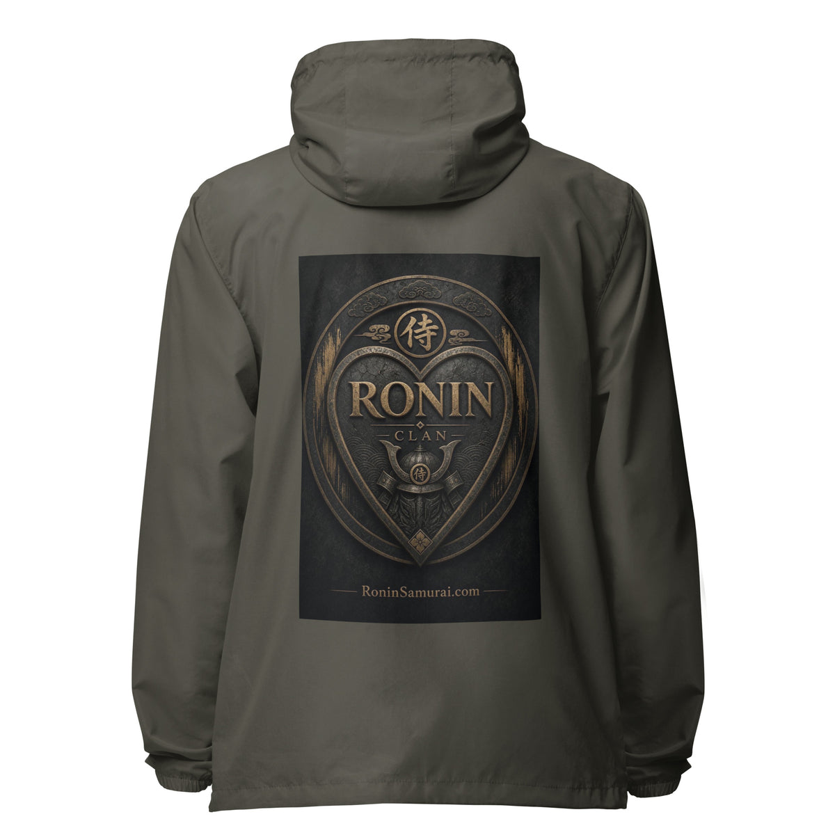 Bronze Crest Ronin Clan Windbreaker, graphite back: bronze heart shield with the 侍 seal, RONIN CLAN and a kabuto emblem