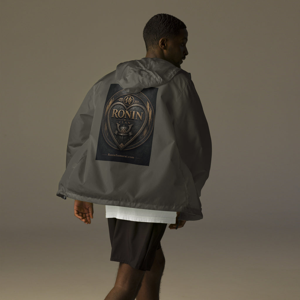 Bronze Crest Ronin Clan Windbreaker, graphite back: bronze heart shield with the 侍 seal, RONIN CLAN and a kabuto emblem