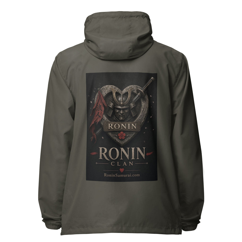 Kabuto Heart Ronin Clan Windbreaker, graphite back: stone heart with a masked kabuto warrior, katana and red banner, RONIN CLAN