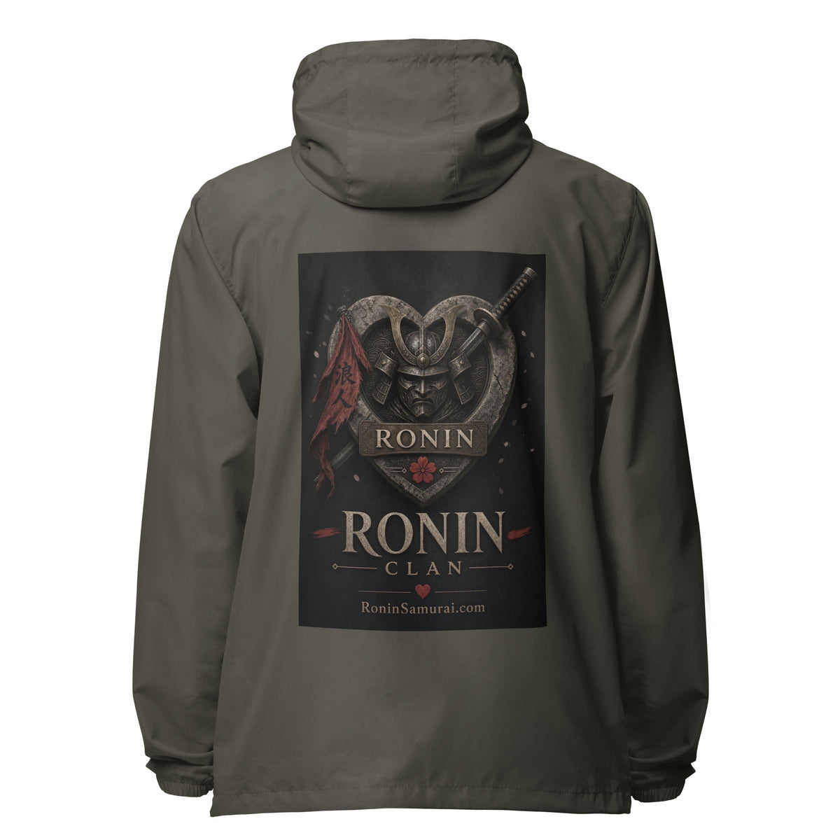 Kabuto Heart Ronin Clan Windbreaker, graphite back: stone heart with a masked kabuto warrior, katana and red banner, RONIN CLAN