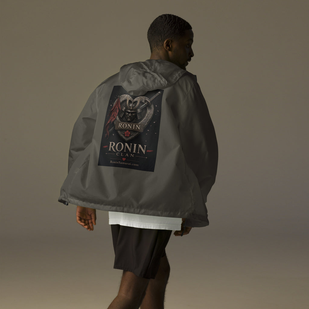 Kabuto Heart Ronin Clan Windbreaker, graphite back: stone heart with a masked kabuto warrior, katana and red banner, RONIN CLAN