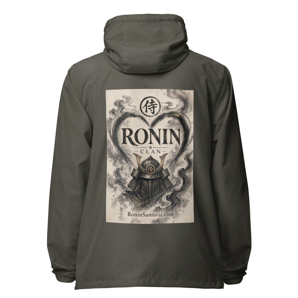 Ink Heart Ronin Clan Windbreaker, graphite back: ink-wash heart around a kabuto helmet on cream paper, 侍 seal and RONIN CLAN