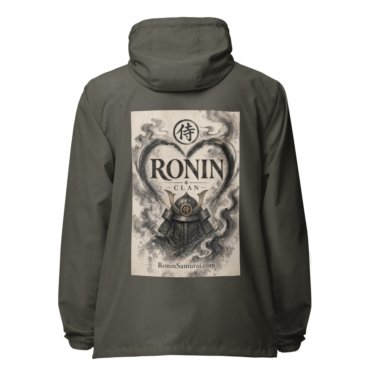 Ink Heart Ronin Clan Windbreaker, graphite back: ink-wash heart around a kabuto helmet on cream paper, 侍 seal and RONIN CLAN