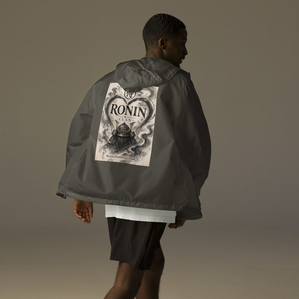 Ink Heart Ronin Clan Windbreaker, graphite back: ink-wash heart around a kabuto helmet on cream paper, 侍 seal and RONIN CLAN