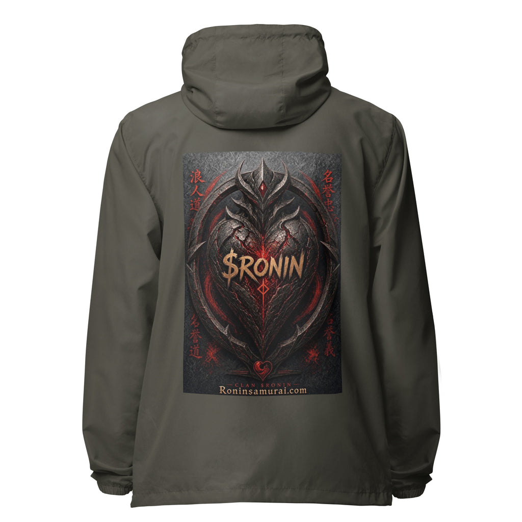 Obsidian Heart Ronin Windbreaker, graphite back: spiked black armored heart with a glowing red core and $RONIN, red kanji at the sides