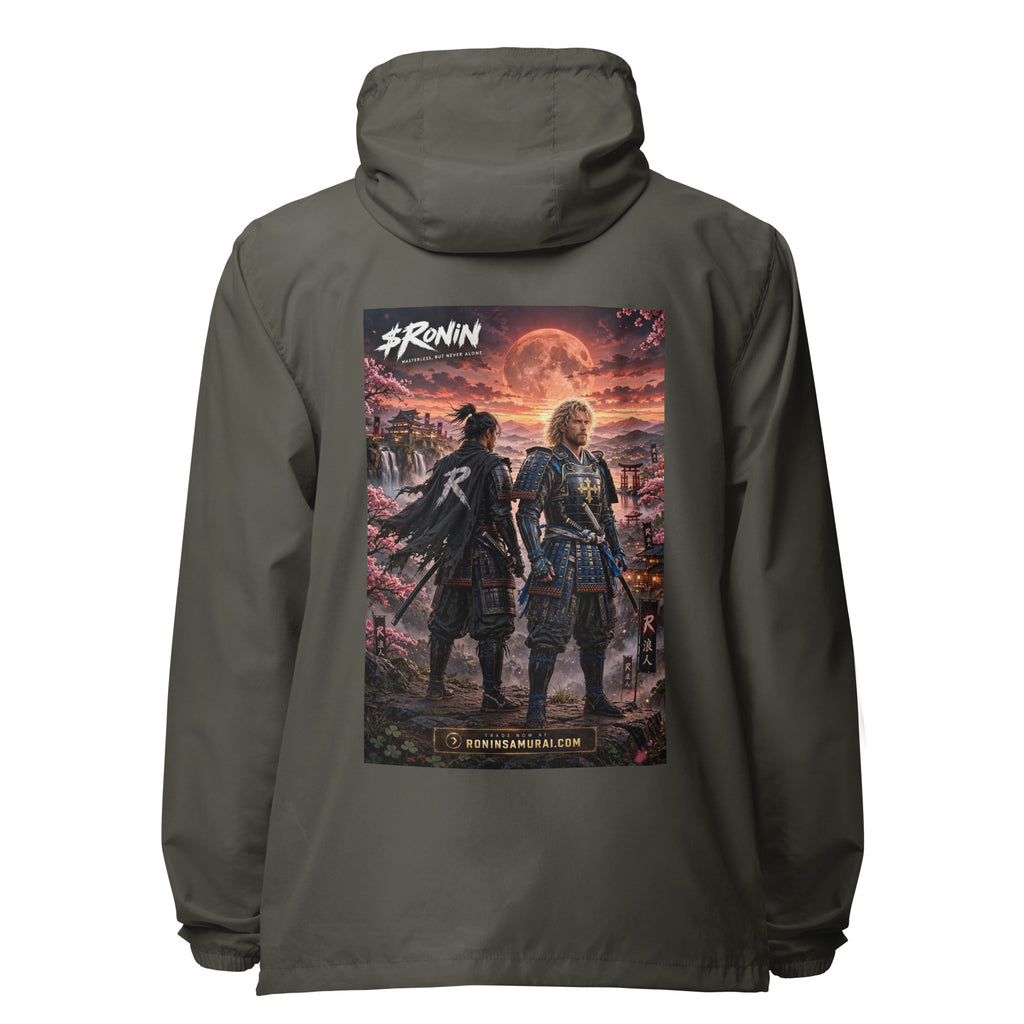 Sworn Brothers Ronin Windbreaker, graphite back: two warriors, a dark-haired ronin and a golden-haired samurai in blue armor, under a blood-red moon with a white $RONIN