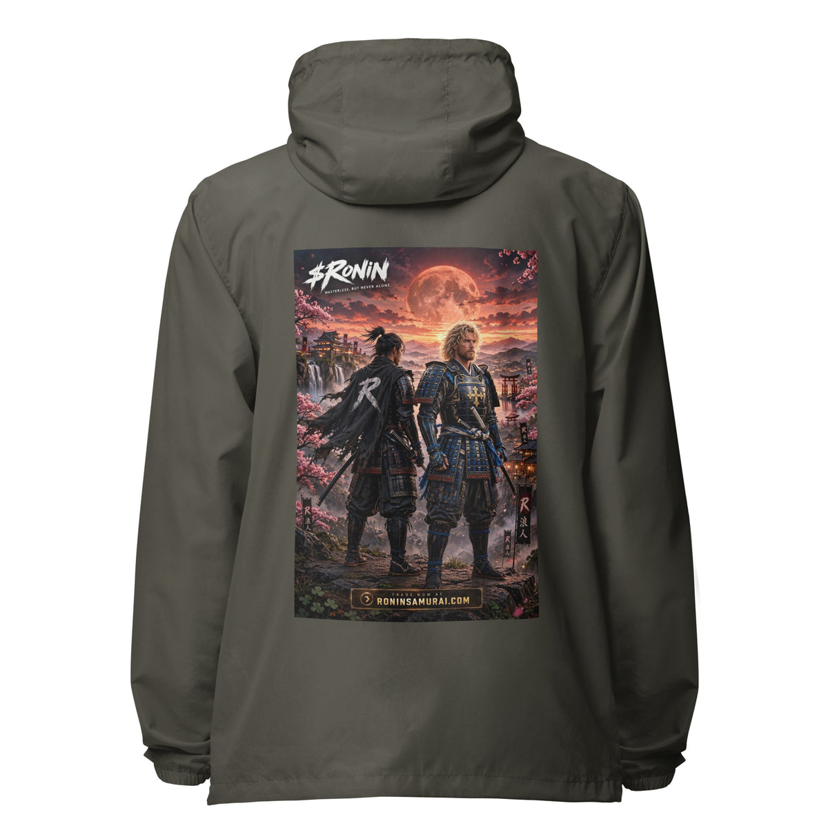 Sworn Brothers Ronin Windbreaker, graphite back: two warriors, a dark-haired ronin and a golden-haired samurai in blue armor, under a blood-red moon with a white $RONIN